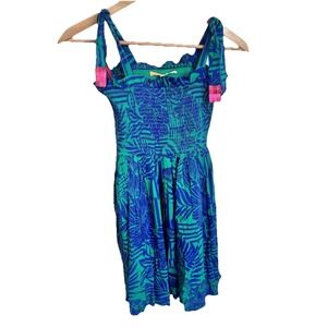Briton Court Hawaiian Smocked Dress Girls Sz 8 Floral Hula Blue Print Hawaii